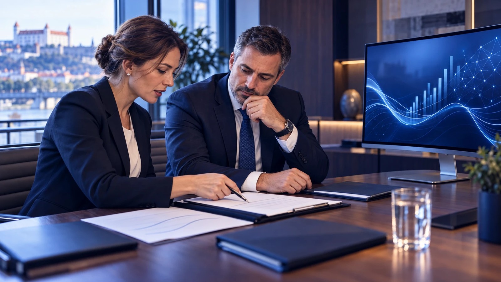 An attorney and a financial-institution executive prepare a notification to the National Bank of Slovakia on providing crypto-asset services under MiCA