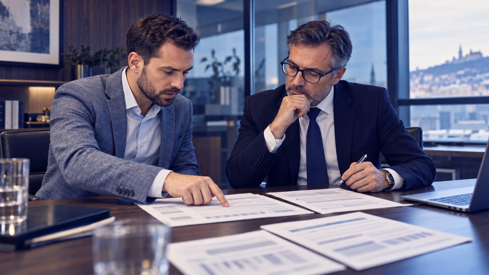 Shareholders and a lawyer review accounting records and bank statements in a dispute over a managing director’s liability for damages